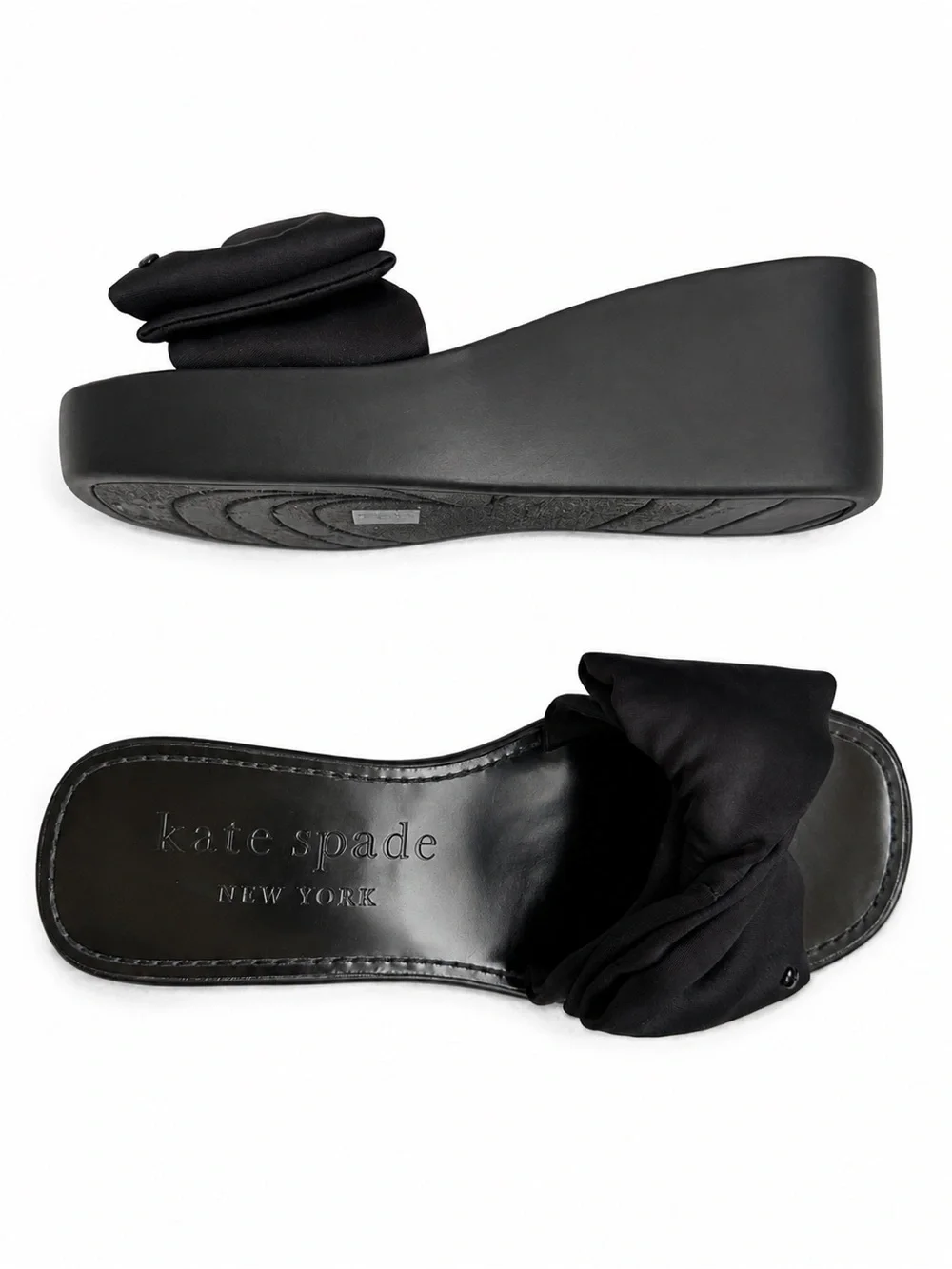 Kate Spade Bikini Wedges Sandals Slip On Black Bows Shoes glam chic